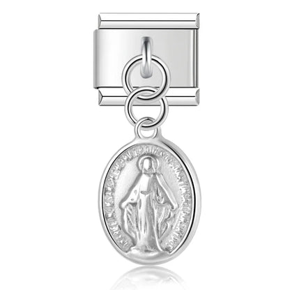 silver dangle charms Heart Eye Moon – silver Virgin Mary oval medal charm, Italian charm bracelet charm by Charmtastic