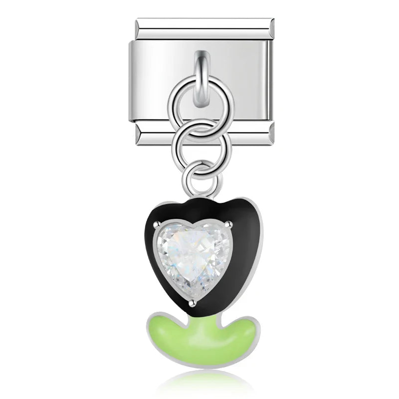 Heart Eye Mushroom Camel Slippers charms silver – silver tulip-shaped heart charm with black and green enamel and crystal center, Italian charm bracelet charm by Charmtastic
