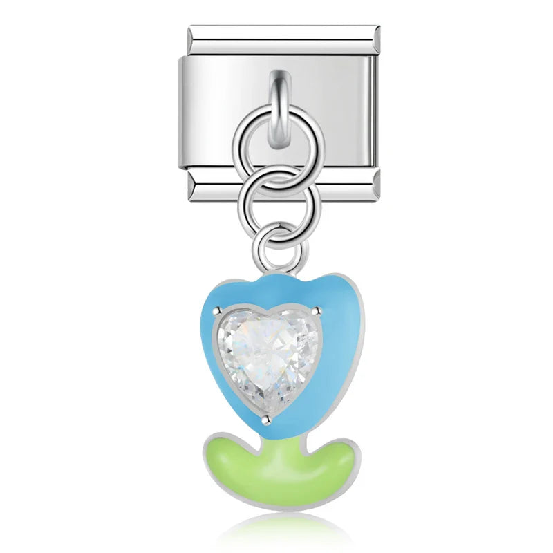 Heart Eye Mushroom Camel Slippers charms silver – silver tulip-shaped heart charm with blue and green enamel and crystal center, Italian charm bracelet charm by Charmtastic