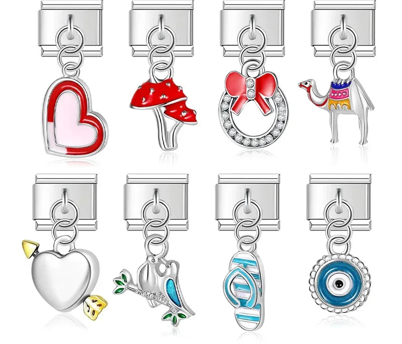 Heart Eye Mushroom Camel Slippers charms silver – silver Italian charm set including heart, mushroom, bow, camel, heart with arrow, bird, slipper, and evil eye disc charms, Italian charm bracelet charms by Charmtastic