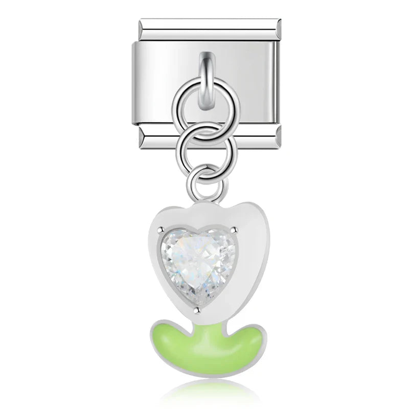 Heart Eye Mushroom Camel Slippers charms silver – silver tulip-shaped heart charm with white and green enamel and crystal center, Italian charm bracelet charm by Charmtastic