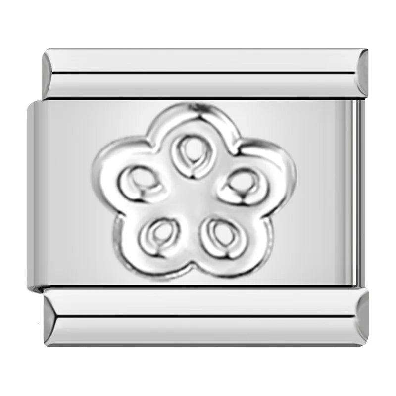 Heart Flower Star Butterfly Charms – five-petal flower design engraved in polished silver metal charm, Italian charm bracelet charm by Charmtastic