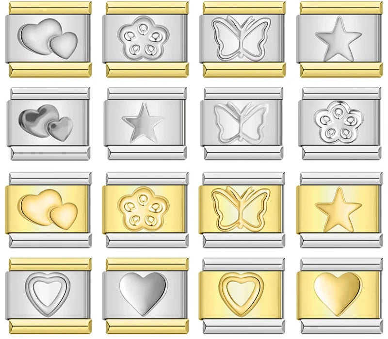 Heart Flower Star Butterfly Charms – overview of 16 plain metal engraved charms in silver and gold: double heart, flower, butterfly and star designs in various silver and gold finishes, Italian charm bracelet charms by Charmtastic
