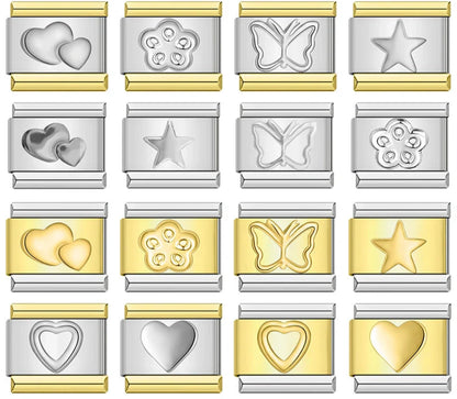 Heart Flower Star Butterfly Charms – overview of 16 plain metal engraved charms in silver and gold: double heart, flower, butterfly and star designs in various silver and gold finishes, Italian charm bracelet charms by Charmtastic