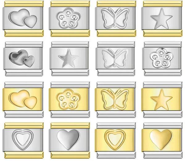 Heart Flower Star Butterfly Charms – overview of 16 plain metal engraved charms in silver and gold: double heart, flower, butterfly and star designs in various silver and gold finishes, Italian charm bracelet charms by Charmtastic