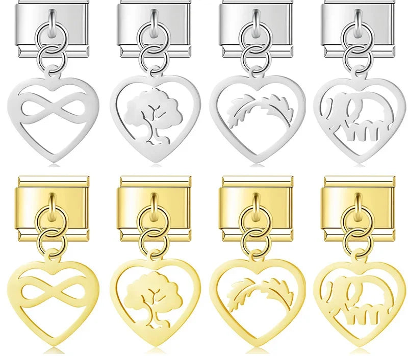 A collection of 9mm Italian charms featuring open-wire heart dangles with internal cutouts of an infinity symbol, tree of life, leaf branch, and elephant. Available in silver and gold finishes
