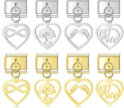 A collection of 9mm Italian charms featuring open-wire heart dangles with internal cutouts of an infinity symbol, tree of life, leaf branch, and elephant. Available in silver and gold finishes