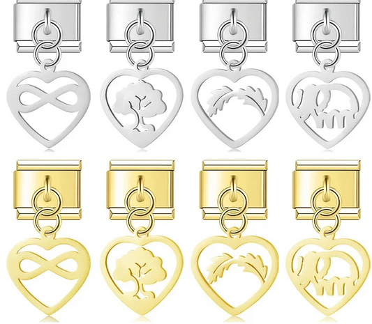 A collection of 9mm Italian charms featuring open-wire heart dangles with internal cutouts of an infinity symbol, tree of life, leaf branch, and elephant. Available in silver and gold finishes