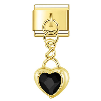 Heart gemstone pendant charms silver&gold – gold heart charm with black crystal, Italian charm bracelet charm by Charmtastic