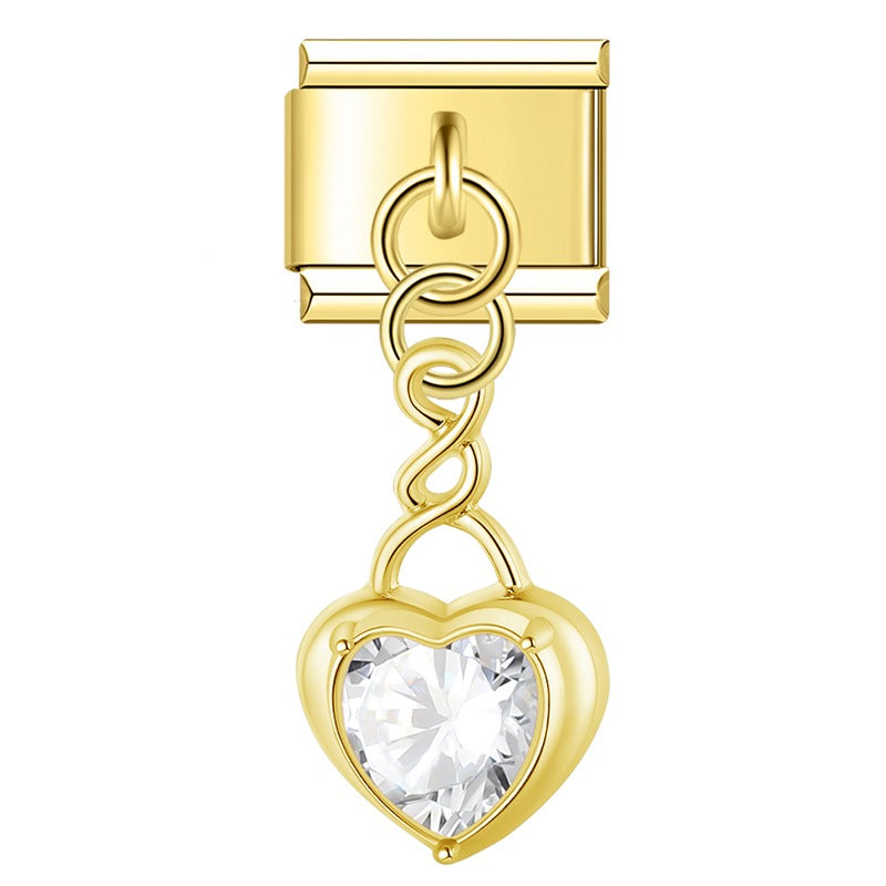 Heart gemstone pendant charms silver&gold – gold heart charm with clear crystal, Italian charm bracelet charm by Charmtastic
