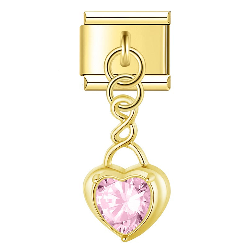 Heart gemstone pendant charms silver&gold – gold heart charm with pink crystal, Italian charm bracelet charm by Charmtastic