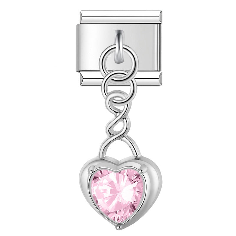 Heart gemstone pendant charms silver&gold – silver heart charm with pink crystal, Italian charm bracelet charm by Charmtastic