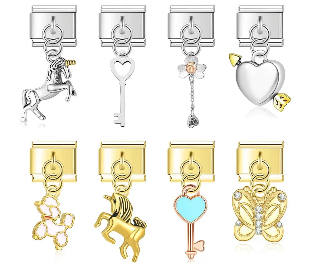 Heart, unicorn, butterfly and dog Italian charms in silver and gold, by Charmtastic