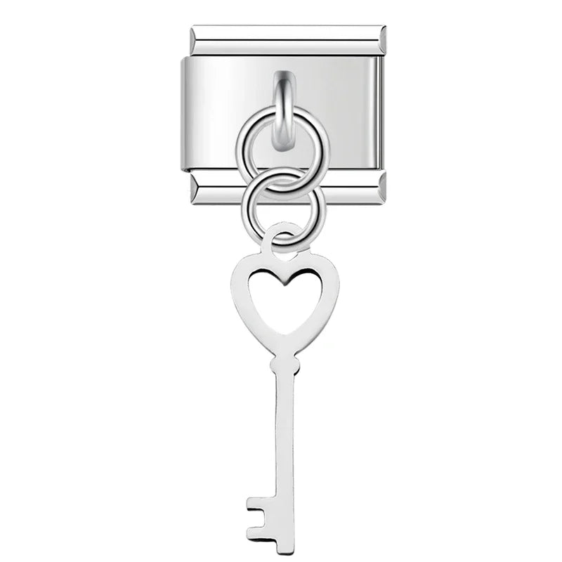 Silver heart key dangle Italian charm, by Charmtastic