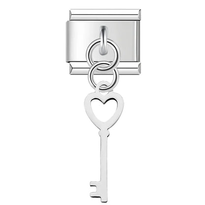 Silver heart key dangle Italian charm, by Charmtastic