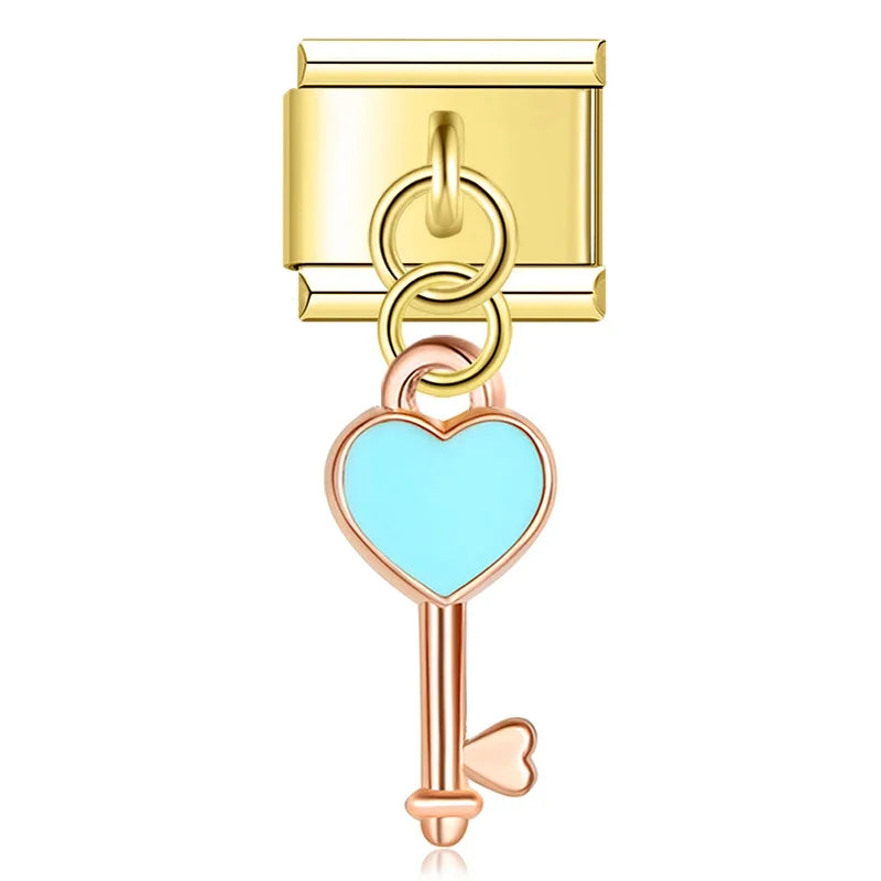 Teal heart key dangle Italian charm, by Charmtastic