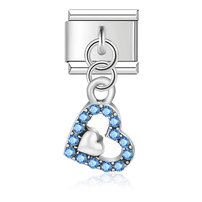 Blue rhinestone heart-in-heart dangle Italian charm, by Charmtastic