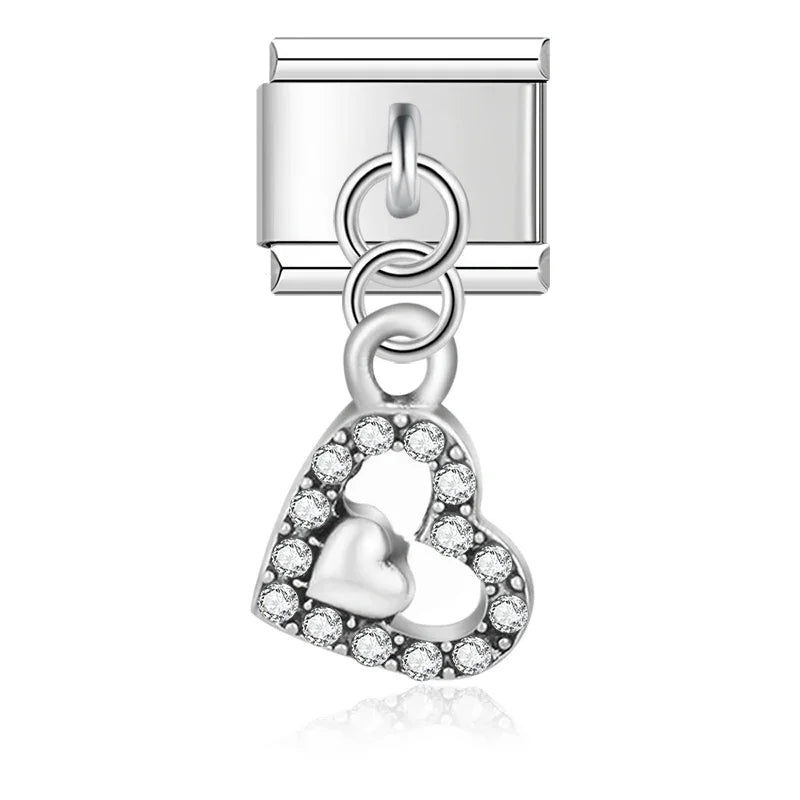 Clear rhinestone heart-in-heart dangle Italian charm, by Charmtastic