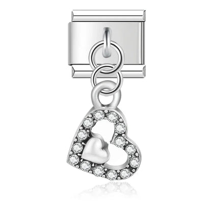 Clear rhinestone heart-in-heart dangle Italian charm, by Charmtastic