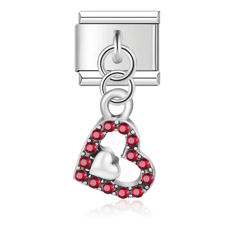 Red rhinestone heart-in-heart dangle Italian charm, by Charmtastic