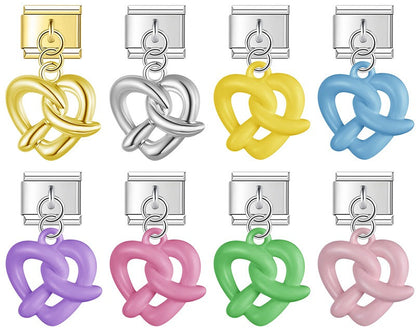 9mm Italian charm bracelet links featuring gold, silver, and pastel yellow, blue, purple, pink, and green twisted pretzel dangles.