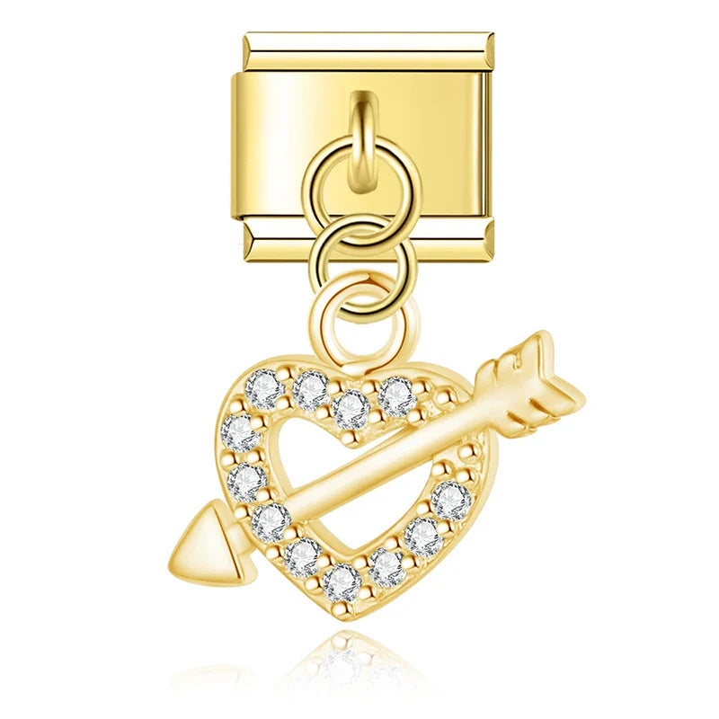 Heart lip Shiny charms silver&gold – gold-tone heart with arrow CZ pave charm, Italian charm bracelet charm by Charmtastic