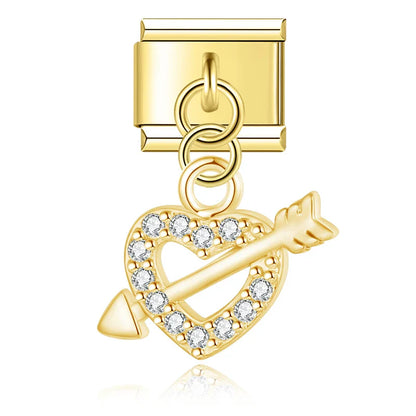 Heart lip Shiny charms silver&gold – gold-tone heart with arrow CZ pave charm, Italian charm bracelet charm by Charmtastic
