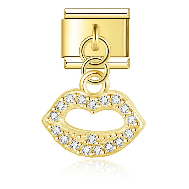 Heart lip Shiny charms silver&gold – gold-tone lips CZ pave charm, Italian charm bracelet charm by Charmtastic