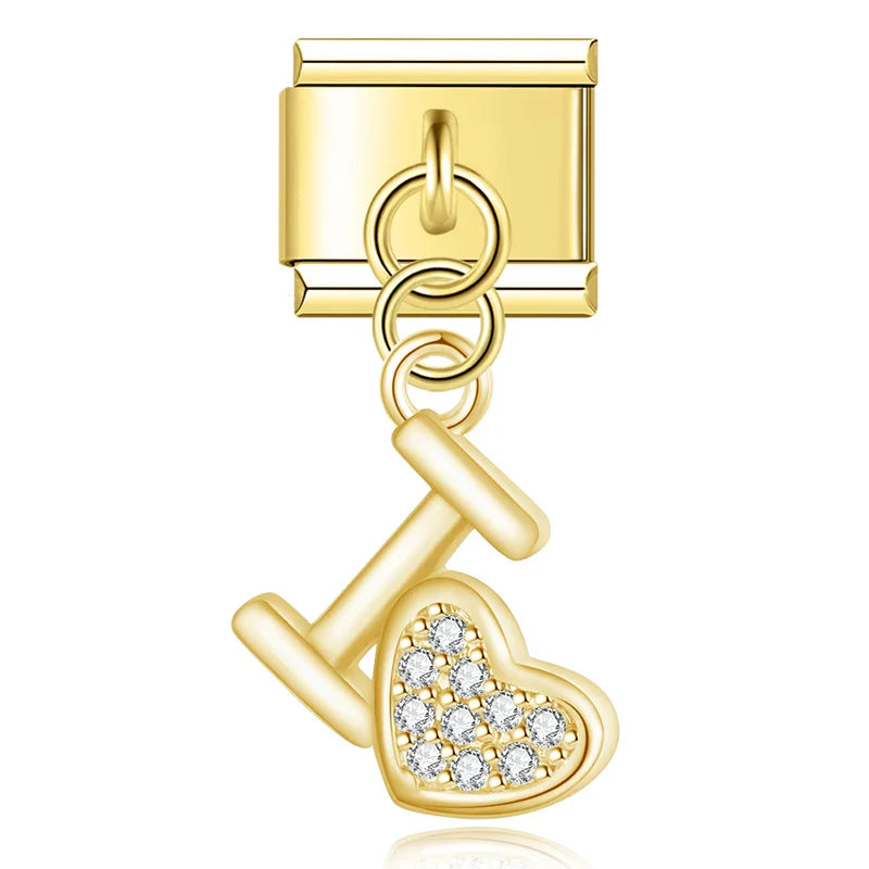 Heart lip Shiny charms silver&gold – gold-tone T-bar heart CZ pave charm, Italian charm bracelet charm by Charmtastic