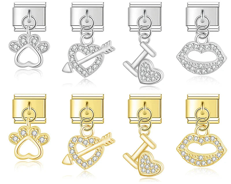 Heart lip Shiny charms silver&gold – assorted silver and gold CZ charms including paw heart, arrow heart, T-bar heart, and lips designs, Italian charm bracelet charms by Charmtastic