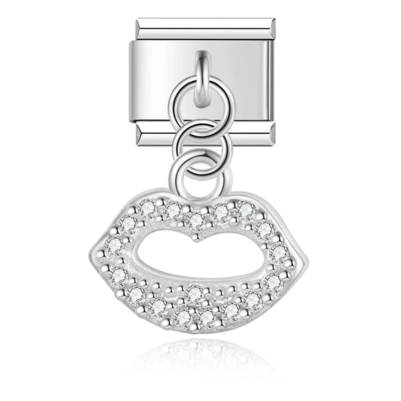 Heart lip Shiny charms silver&gold – silver-tone lips CZ pave charm, Italian charm bracelet charm by Charmtastic