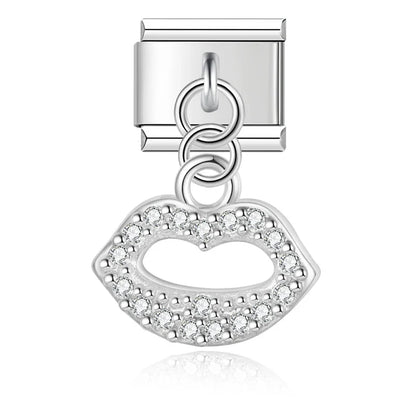 Heart lip Shiny charms silver&gold – silver-tone lips CZ pave charm, Italian charm bracelet charm by Charmtastic