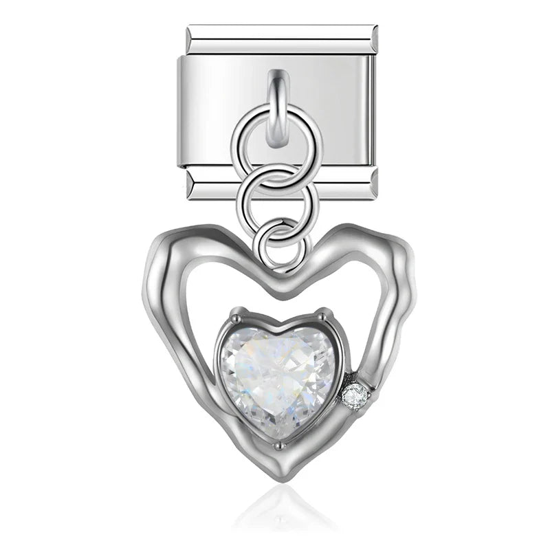 Heart Moon Cat Star Charm Italian silver – silver open heart charm with clear crystal, Italian charm bracelet charm by Charmtastic