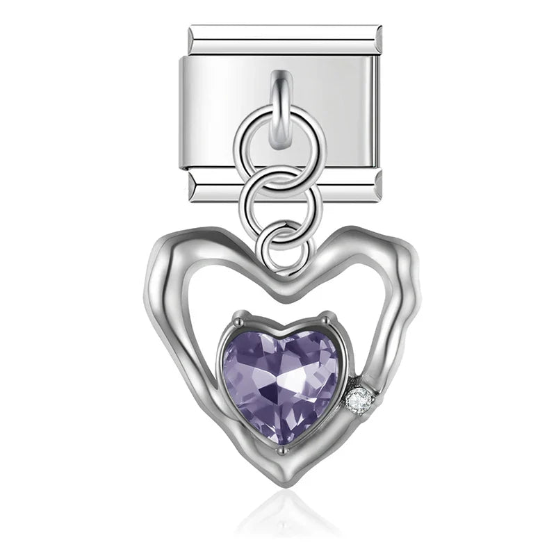 Heart Moon Cat Star Charm Italian silver – silver open heart charm with purple crystal, Italian charm bracelet charm by Charmtastic