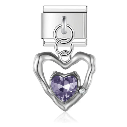 Heart Moon Cat Star Charm Italian silver – silver open heart charm with purple crystal, Italian charm bracelet charm by Charmtastic
