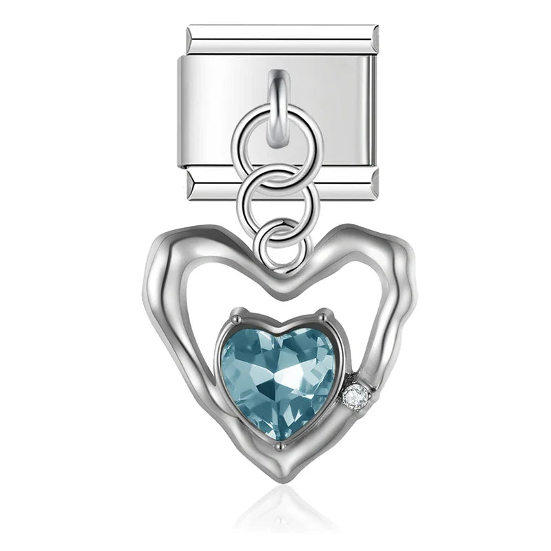 Heart Moon Cat Star Charm Italian silver – silver open heart charm with teal crystal, Italian charm bracelet charm by Charmtastic