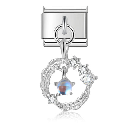 Heart Moon Cat Star Charm Italian silver – silver crescent moon charm with star crystals and iridescent moonstone, Italian charm bracelet charm by Charmtastic