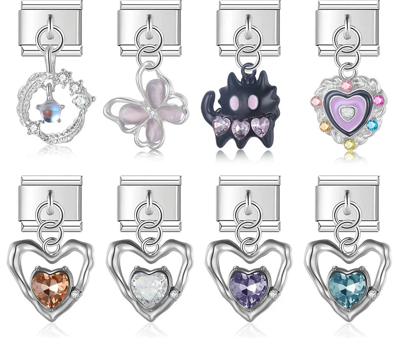Heart Moon Cat Star Charm Italian silver – silver charm set including a crescent moon with star crystals and moonstone, pink enamel butterfly, black cat with heart paws, purple heart cluster, and open heart charms in champagne, clear, purple, and teal crystal, Italian charm bracelet charms by Charmtastic