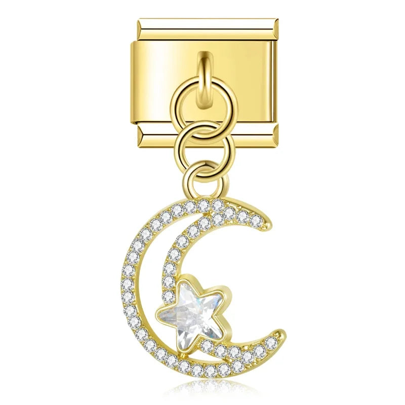 Heart Moon Cross Butterfly dangle charms silver&gold – gold crescent moon and star dangle charm, Italian charm bracelet charm by Charmtastic