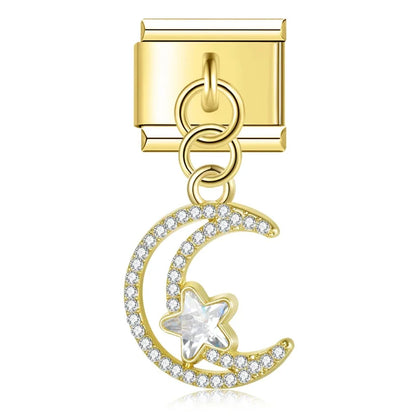Heart Moon Cross Butterfly dangle charms silver&gold – gold crescent moon and star dangle charm, Italian charm bracelet charm by Charmtastic