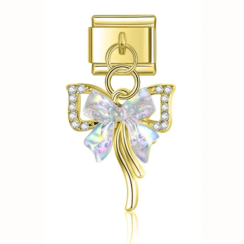 Heart Moon Cross Butterfly dangle charms silver&gold – gold opal bow dangle charm, Italian charm bracelet charm by Charmtastic