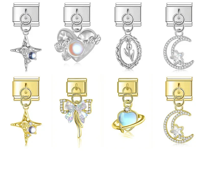 Heart Moon Cross Butterfly dangle charms silver&gold – moon, star, heart, and bow dangle charms in silver and gold, Italian charm bracelet charms by Charmtastic
