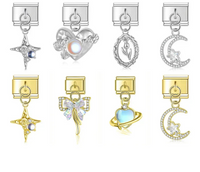 Heart, Moon, Cross & Butterfly Dangle Italian Charms — Silver & Gold CZ Celestial Dangle Links