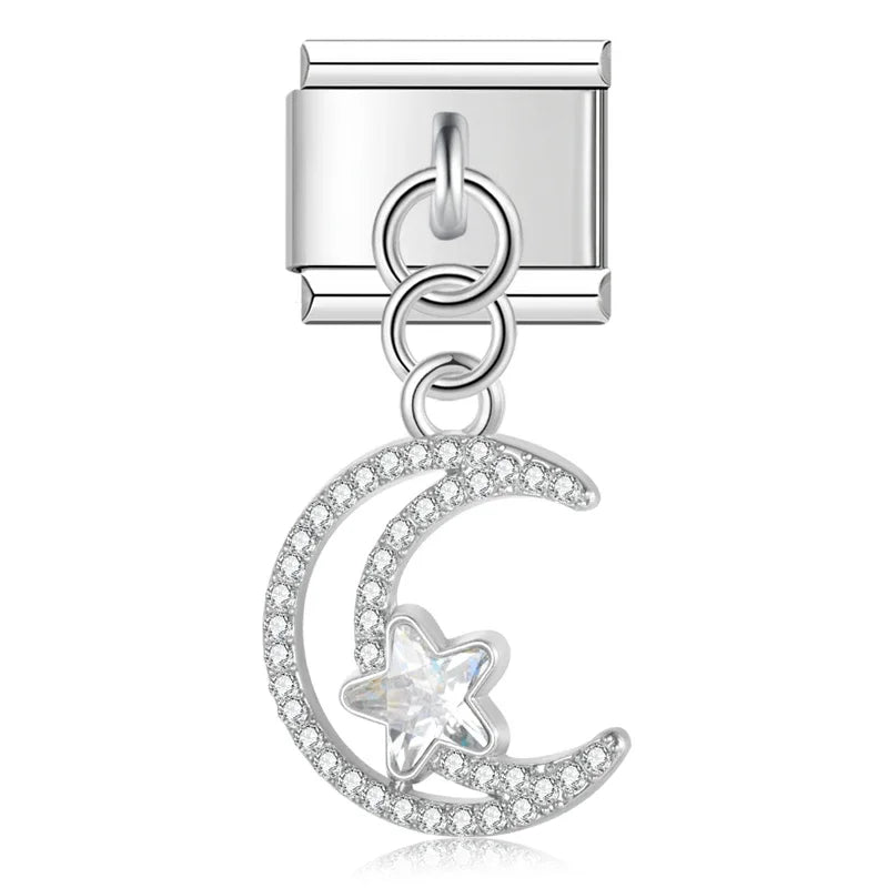 Heart Moon Cross Butterfly dangle charms silver&gold – silver crescent moon and star dangle charm, Italian charm bracelet charm by Charmtastic