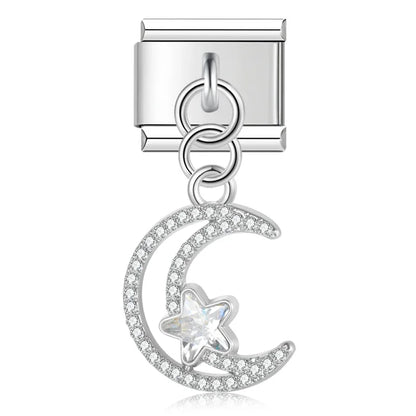 Heart Moon Cross Butterfly dangle charms silver&gold – silver crescent moon and star dangle charm, Italian charm bracelet charm by Charmtastic