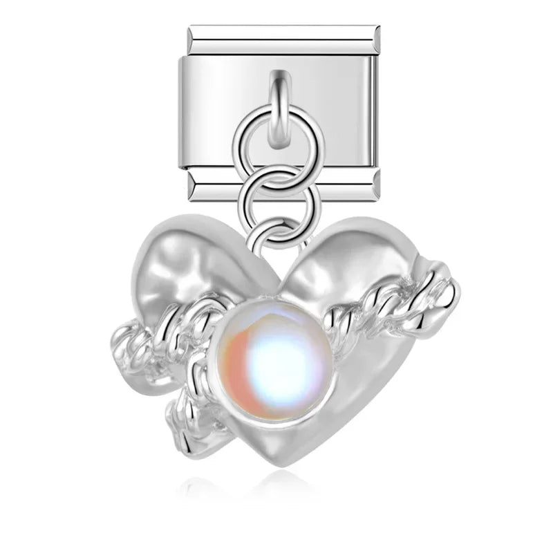 Heart Moon Cross Butterfly dangle charms silver&gold – silver puffy heart dangle charm with pearl and chain wrap, Italian charm bracelet charm by Charmtastic