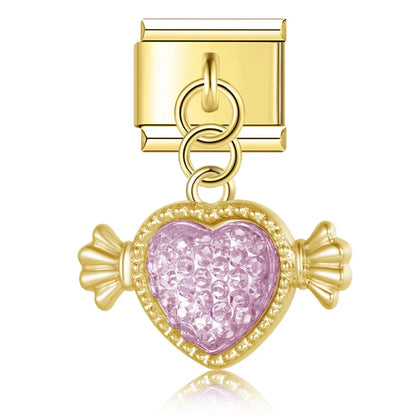 Romantic Heart Flower Charms Silver & Gold – heart charm with pink pave CZ in gold, Italian charm bracelet charm by Charmtastic