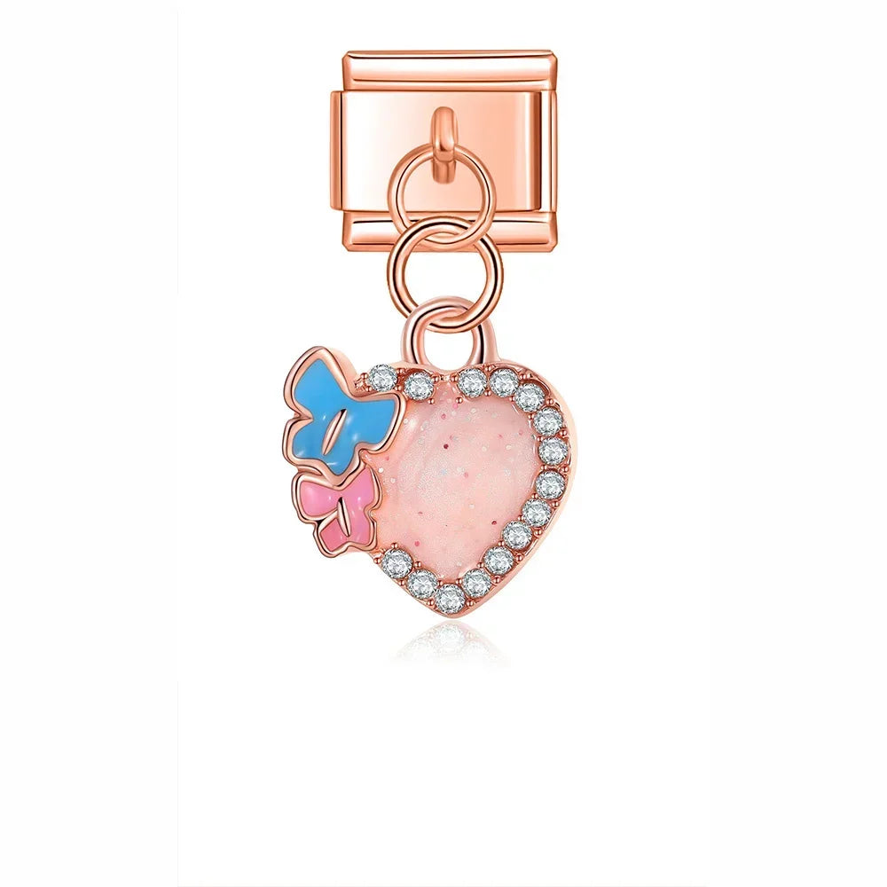 Heart Rainbow cloud Charm Italian rose gold – rose gold heart charm with crystal border and blue and pink butterflies, Italian charm bracelet charm by Charmtastic