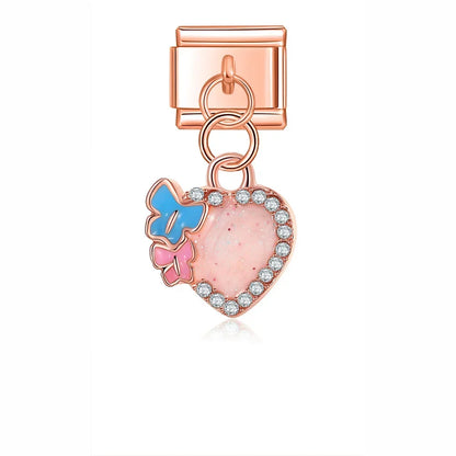 Heart Rainbow cloud Charm Italian rose gold – rose gold heart charm with crystal border and blue and pink butterflies, Italian charm bracelet charm by Charmtastic