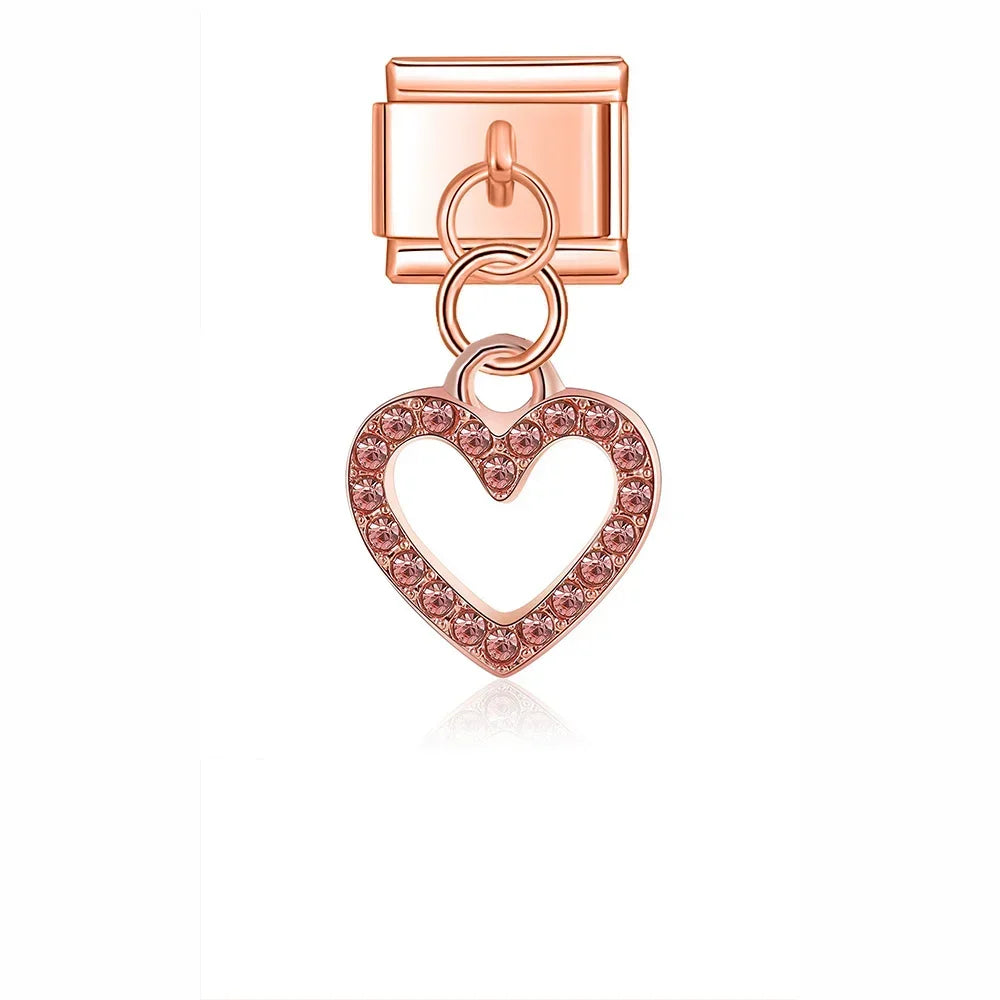 Heart Rainbow cloud Charm Italian rose gold – rose gold open heart charm with pink crystals, Italian charm bracelet charm by Charmtastic